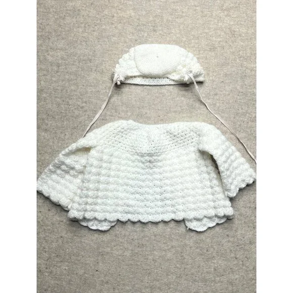 Vintage Handmade White Newborn Knit Cardigan Hat  Infant Sweater Bonnet Cap Set - Picture 4 of 5